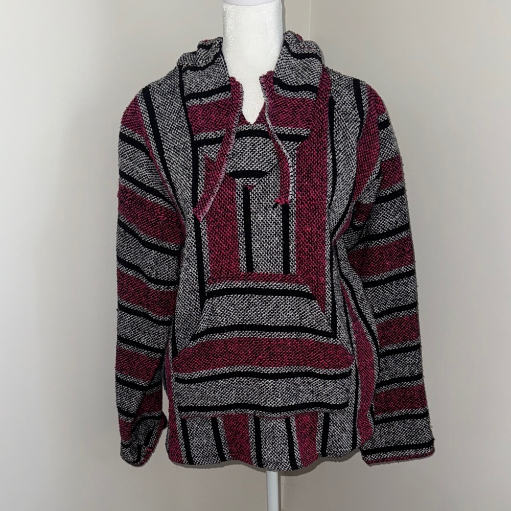Striped Baja Hoodie in Black,Gray and Pink